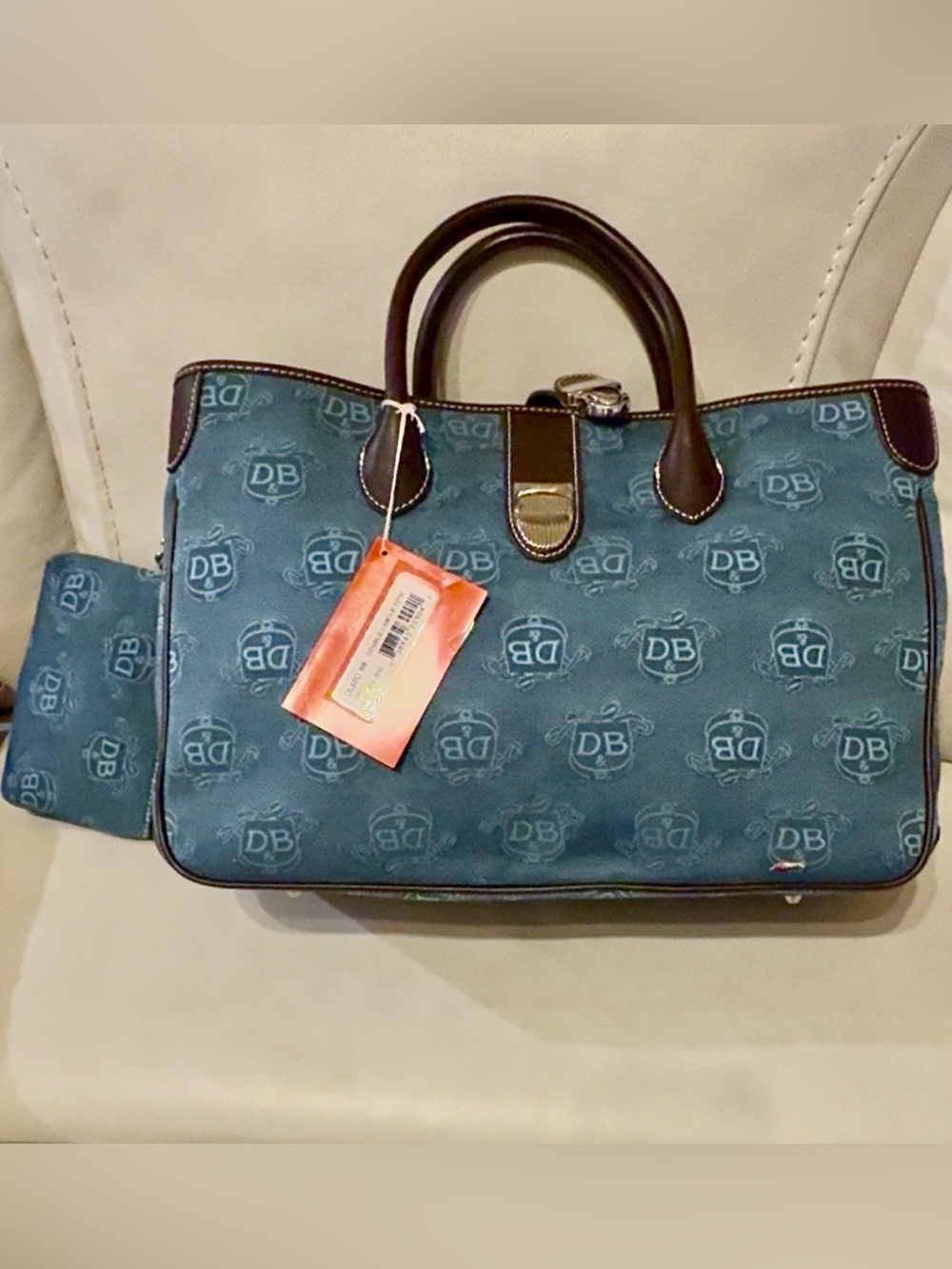 Dooney & Bourke Blue Monogram Tote with Brown Trim